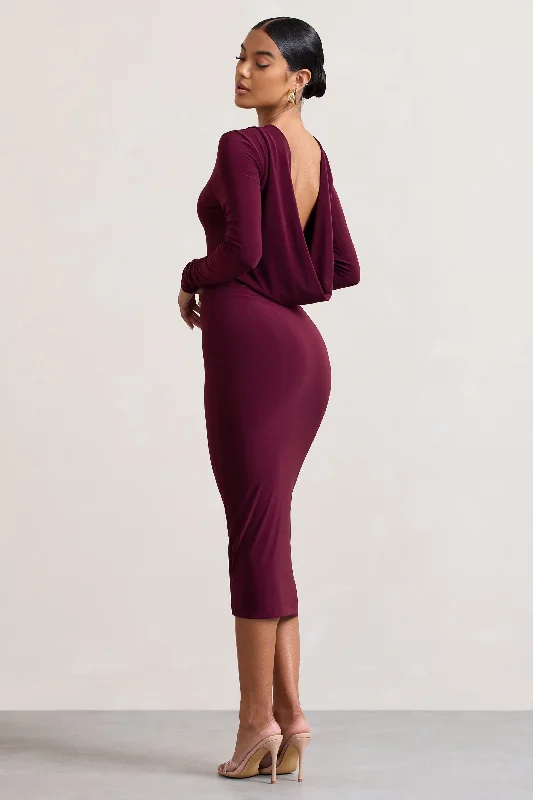 Sleeveless Women Dress in Bright Colors for Summer PartiesDynasty Darling | Burgundy Cowl-Back Long-Sleeved Bodycon Midi Dress