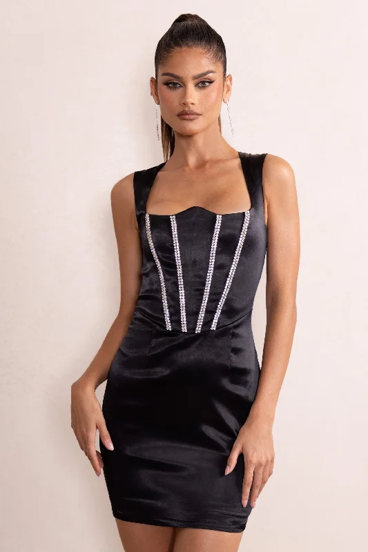 Mermaid - Style Women Dress with a Fitted Silhouette for Special OccasionsElyse | Black Satin Reverse Sweetheart Neckline Corset Mini Dress With Diamante Detail