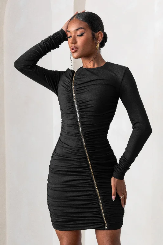 Strapless Women Dress with a Built - in Bra for Comfort and SupportEmpowered | Black High Neck Long Sleeves Zip Detail Mini Dress