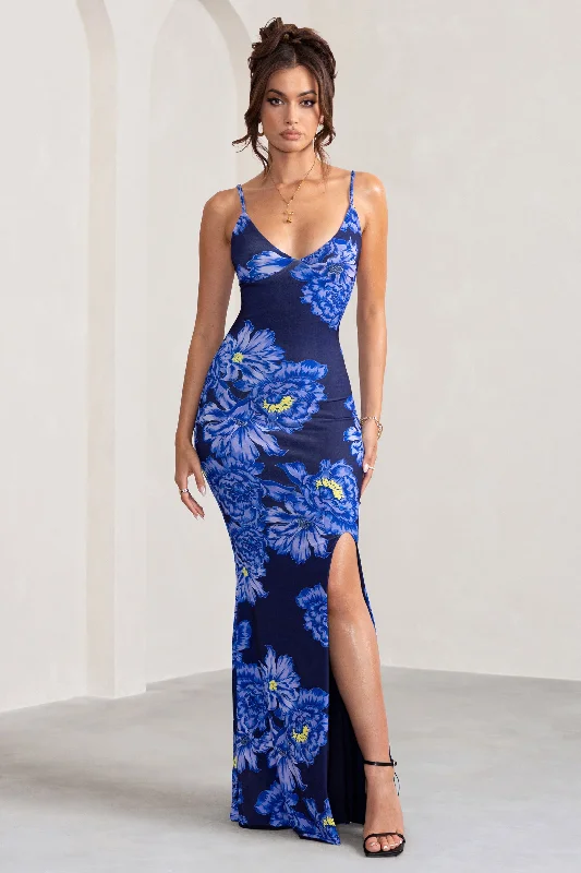 Ball Gown Women Dress with a Full Skirt for a Princess - like LookFarah | Blue Floral Print Plunge Neck Maxi Dress With Split Detail