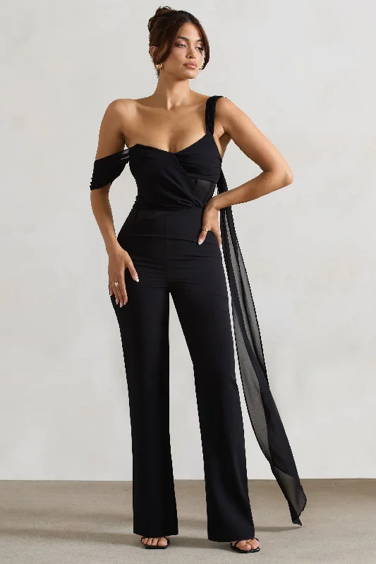 Women jumpsuits with beaded embellishments for a formal and fancy eventFatale | Black Draped-Sleeve Corseted Jumpsuit With Sash