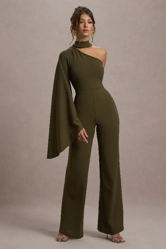 Women jumpsuits with pom - pom trims for a playful and festive lookFenix | Khaki Asymmetric Cape-Sleeve Straight-Leg Jumpsuit