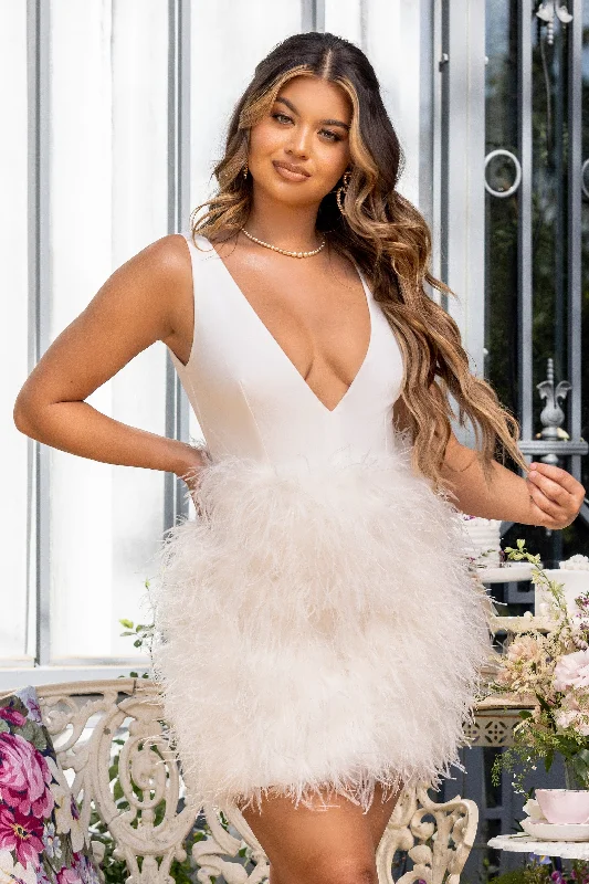 Mermaid - Style Women Dress with a Fitted Silhouette for Special OccasionsFlirt | White Plunge Front Mini Dress With Feather Skirt