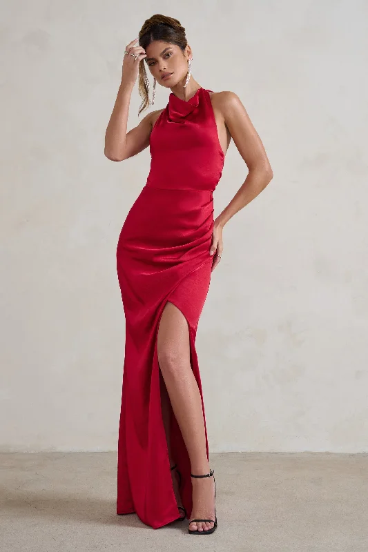 Ruffled Women Dress with Multiple Layers for a Playful and Girly StyleForever Feature | Berry Red High Neck Wrap Maxi Dress