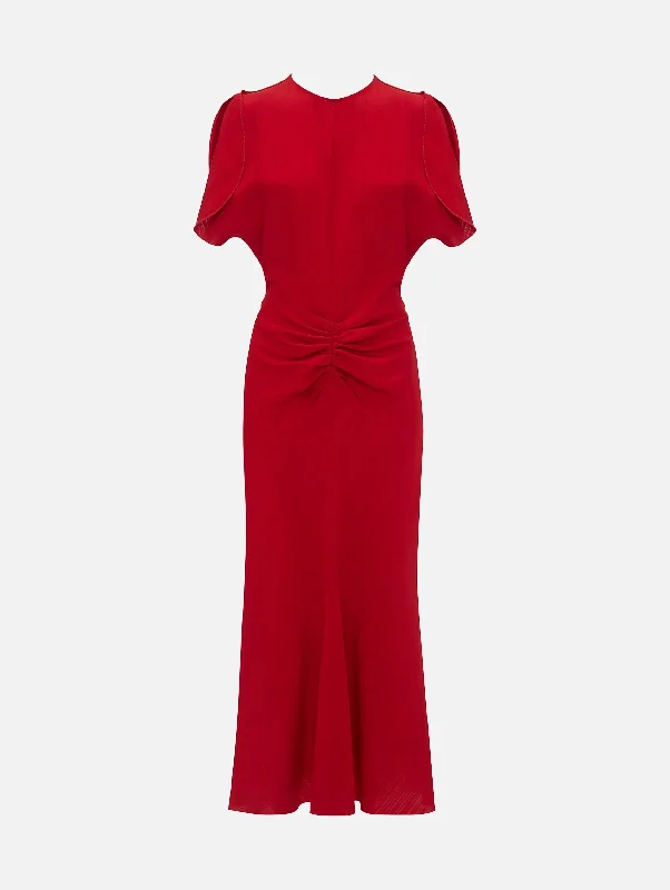 Lace - Embellished Women Dress for an Elegant and Sophisticated AppearanceGathered Waist Midi Dress in Carmine