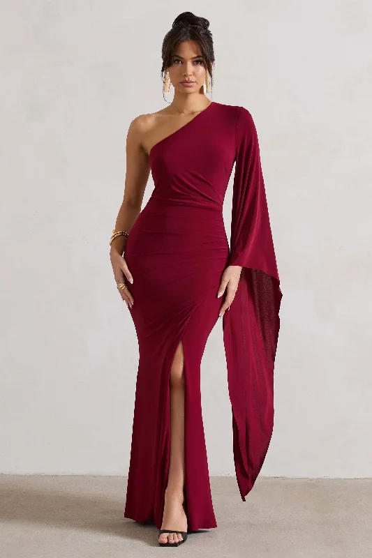 Little Black Women Dress with Sequins for a Glamorous Night OutGiada | Berry Ruched One Shoulder Cape Sleeve Maxi Dress