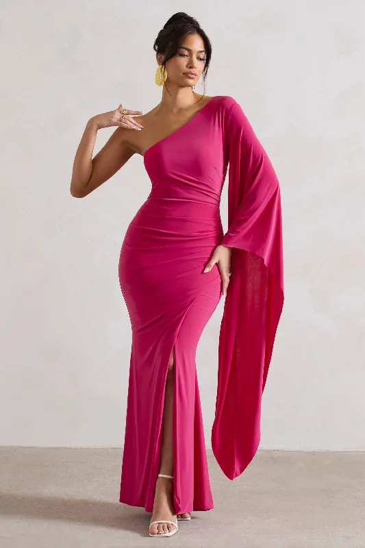 Wrap - Style Women Dress with Adjustable Fit for All Body TypesGiada | Dark Pink Ruched One Shoulder Cape Sleeve Maxi Dress