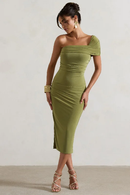 Backless Women Dress for a Sexy and Alluring Look at Evening EventsHawaii | Olive Asymmetric One-Shoulder Split Midi Dress