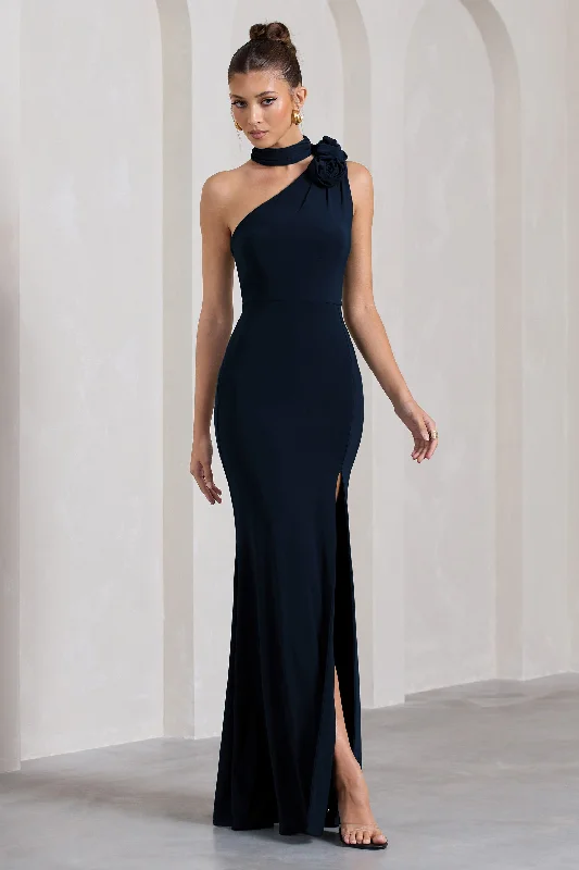 Long - Sleeve Women Dress in Velvet for a Luxurious Winter LookIn Suspense | Navy One Shoulder Halter-Neck Split Maxi Dress With Flower