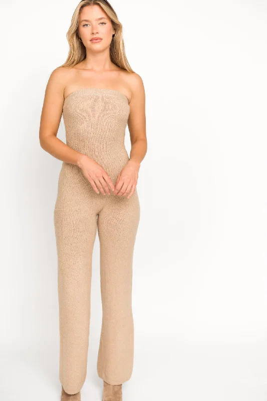 Women jumpsuits with beaded embellishments for a formal and fancy eventJames Strapless Jumpsuit in Tan