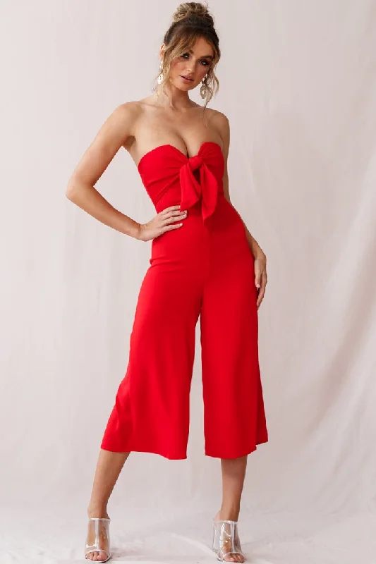 Women jumpsuits with a V - neck for a flattering and elongating effectKhloe Summer Bow Tie Jumpsuit Red