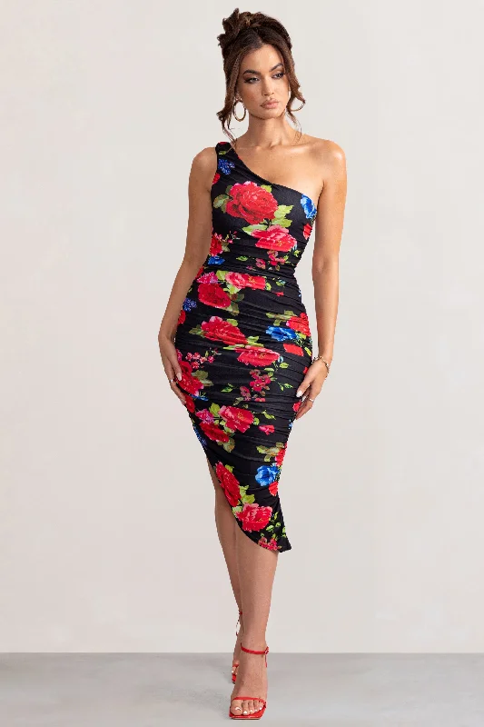 Plus Size Women Dress with a Flattering A - Line Cut for Comfort and StyleLate Night | Black Floral Print Asymmetric One Shoulder Ruched Midi Dress