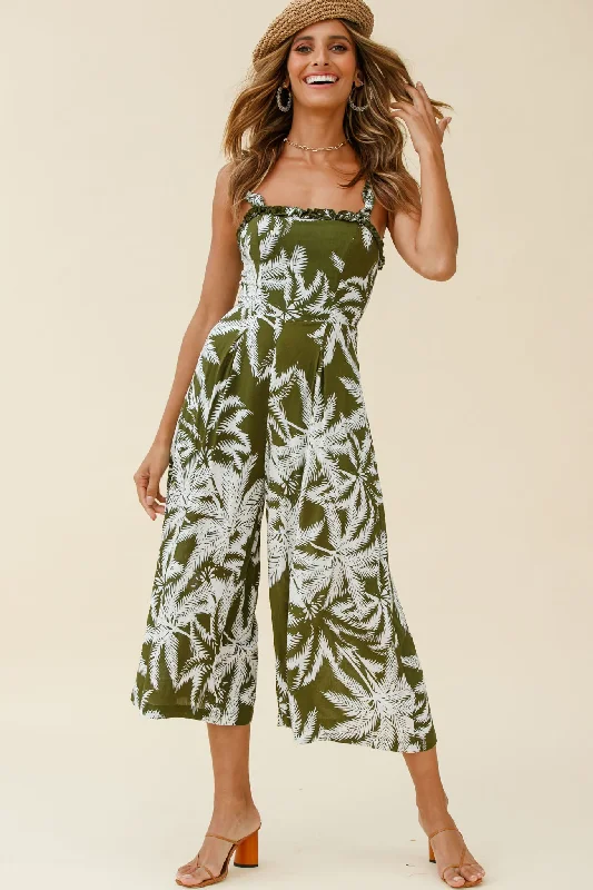 Women jumpsuits with pleated pants for a classic and sophisticated lookMagdalene Frill Strap Midi Jumpsuit Palm Print Olive