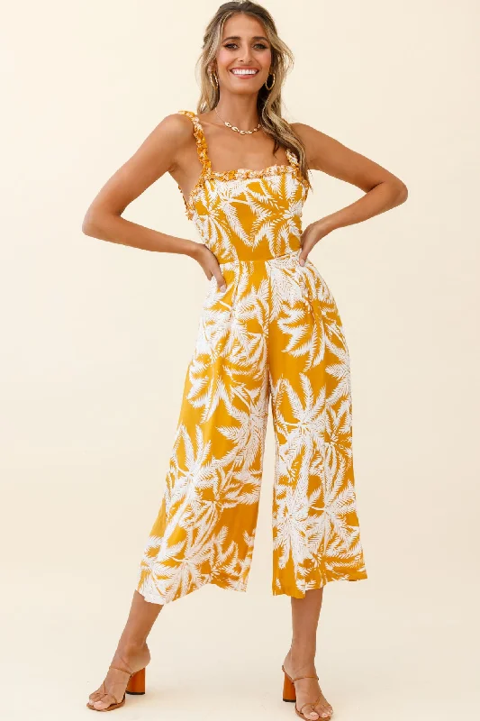 Women jumpsuits with bow - tie details for a sweet and charming appearanceMagdalene Frill Strap Midi Jumpsuit Palm Print Yellow