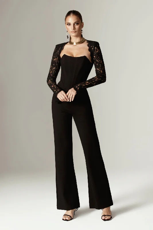 Women jumpsuits with one - shoulder tops for a stylish and asymmetric lookMarisol Guipure Lace Corset Jumpsuit (Black)