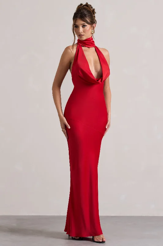 Wrap - Style Women Dress with Adjustable Fit for All Body TypesMatea | Red Satin Cowl-Neck Maxi Dress