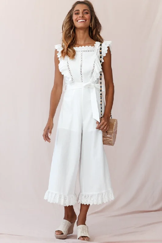 Women jumpsuits with side slits on the pants for a touch of allureMeadow Ruffle Strap Open Back Midi Jumpsuit White