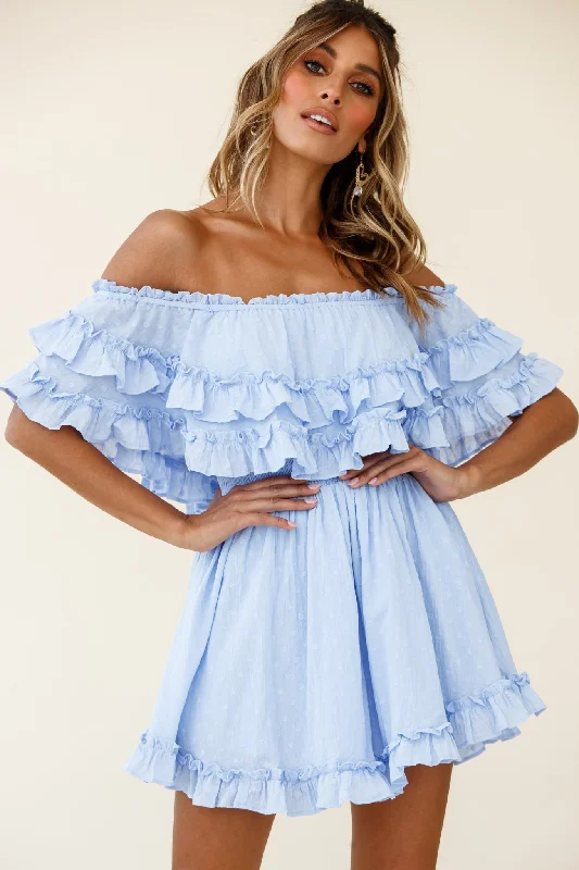 Lace - Embellished Women Dress for an Elegant and Sophisticated AppearanceMeet Me At Sunset Bardot Neckline Frill Trim Dress Spotty Steel Blue