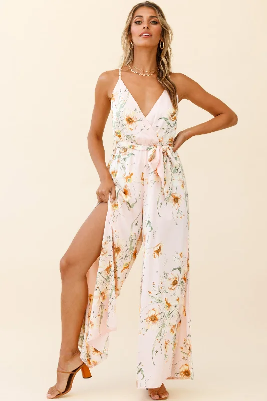 Women jumpsuits with cut - out details on the bodice for a trendy and bold lookMiso Wide-Leg Cami Jumpsuit Poppy Print Pink