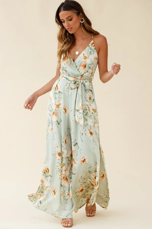 Women jumpsuits with gathered pants for a voluminous and elegant lookMiso Wide-Leg Cami Jumpsuit Poppy Print Pistachio