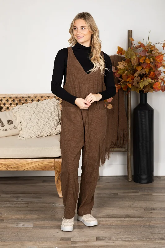 Women jumpsuits with fringe accents for a bohemian and fun - loving styleMocha Corduroy Jumpsuit With Pockets