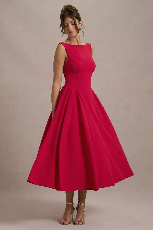 Lace - Embellished Women Dress for an Elegant and Sophisticated AppearanceMuriel | Red Boat-Neck Volume-Hem Midi Dress