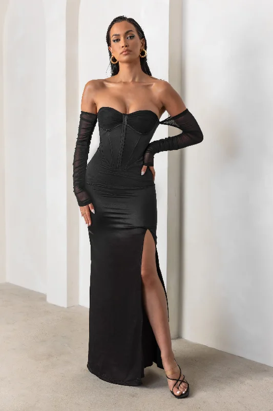 Shift Women Dress with a Simple and Classic Design for Everyday WearMy Prize | Black Satin Bardot Mesh Long Sleeve Maxi Dress With Thigh Split