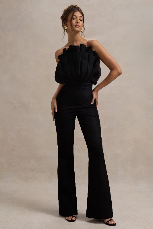 Women jumpsuits with a wrap - around design for a flattering fitNicia | Black Ruffled Strapless Flared-Leg Jumpsuit