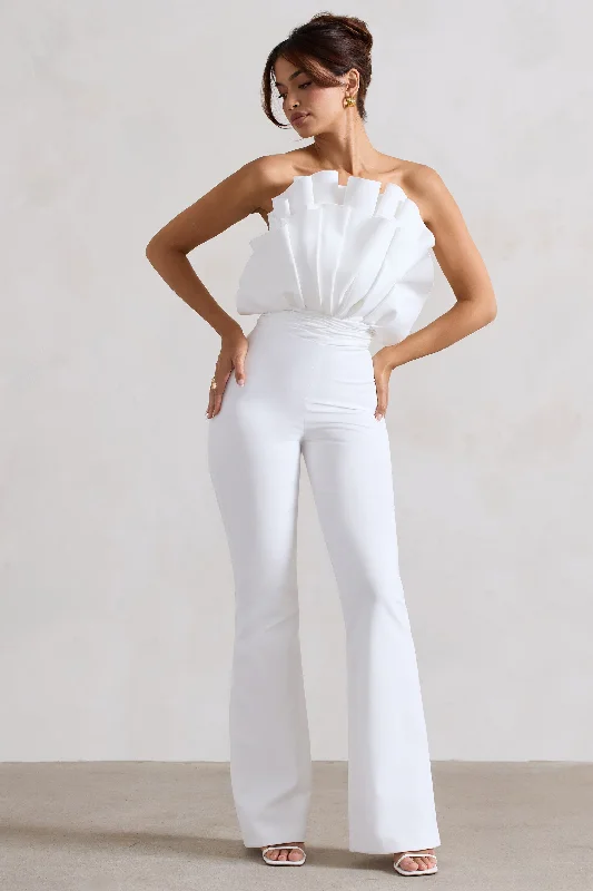 Women jumpsuits with off - the - shoulder tops for a flirty and stylish lookNicia | White Ruffled Strapless Flared-Leg Jumpsuit