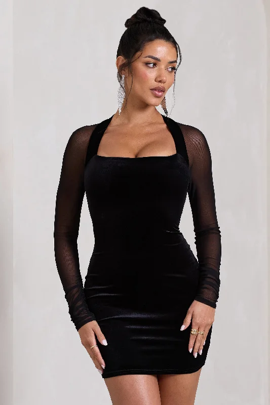 Ball Gown Women Dress with a Full Skirt for a Princess - like LookOff-Piste | Black Velvet Bodycon Mini Dress With Sheer Sleeves