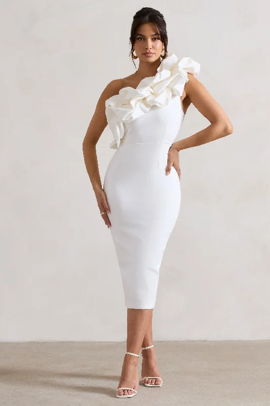 Wrap - Style Women Dress with Adjustable Fit for All Body TypesOrchestra | White One Shoulder Ruffled Midi Dress