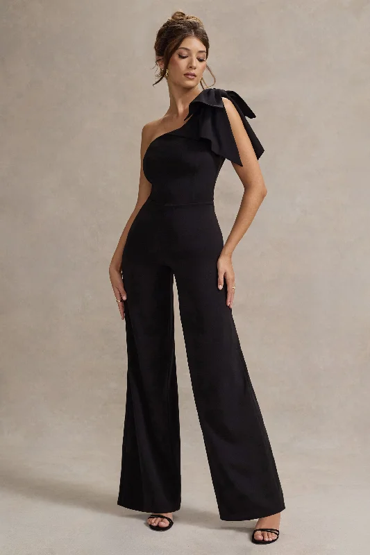 Women jumpsuits with cut - out details on the bodice for a trendy and bold lookOrilla | Black One-Shoulder Wide-Leg Jumpsuit With Bow