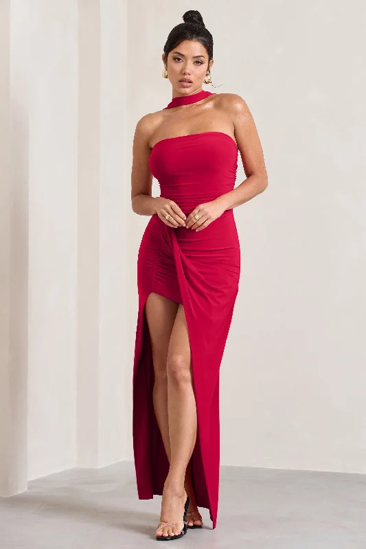 Long - Sleeve Women Dress in Velvet for a Luxurious Winter LookPaprika | Red Ruched Halter-Neck Bandeau Maxi Dress