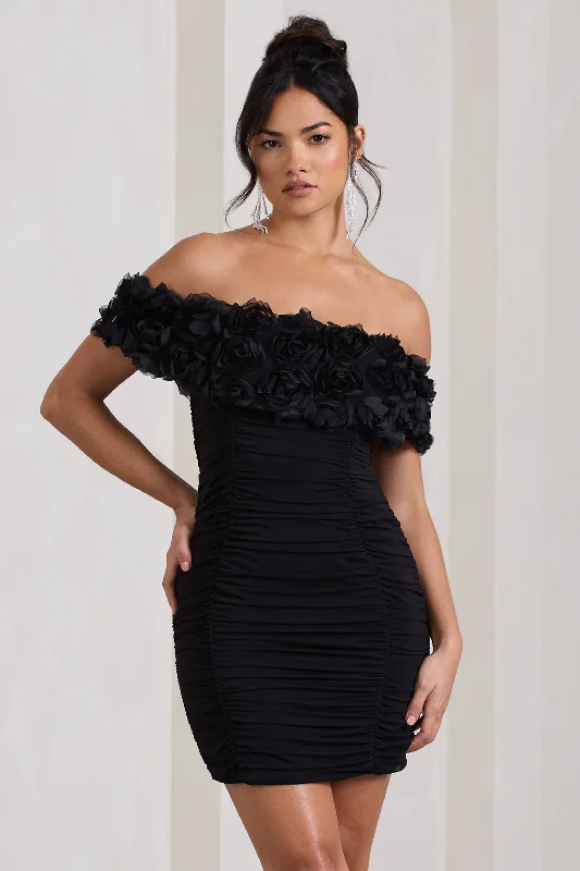 Backless Women Dress for a Sexy and Alluring Look at Evening EventsPass A Glass | Black Ruched Bardot Micro Mini Dress With Flowers