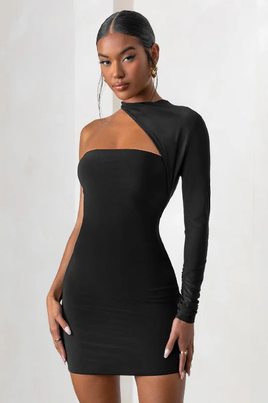 Mermaid - Style Women Dress with a Fitted Silhouette for Special OccasionsPerfect Touch | Black One Shoulder Long Sleeve Mini Dress