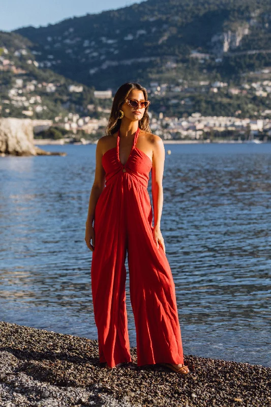 Women jumpsuits with side slits on the pants for a touch of allurePromenade Red Halter Jumpsuit