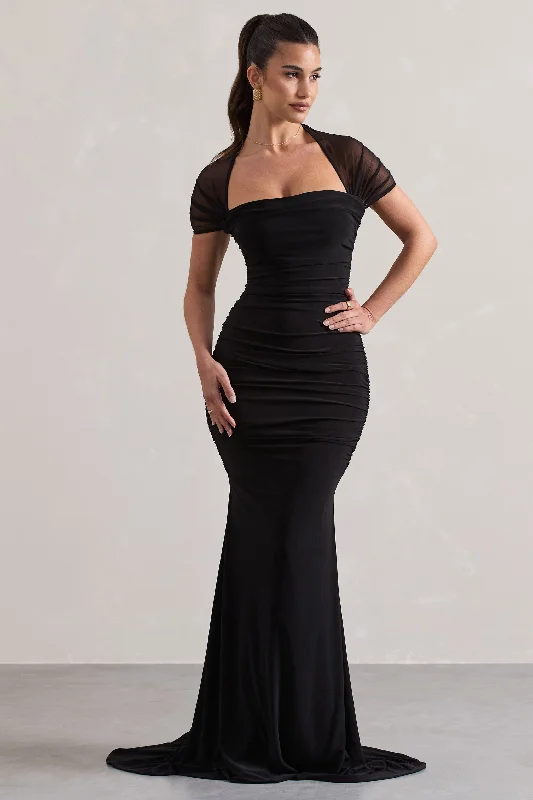 Long - Sleeve Women Dress in Velvet for a Luxurious Winter LookProphecy | Black Fishtail Maxi Dress With Sheer Sleeves