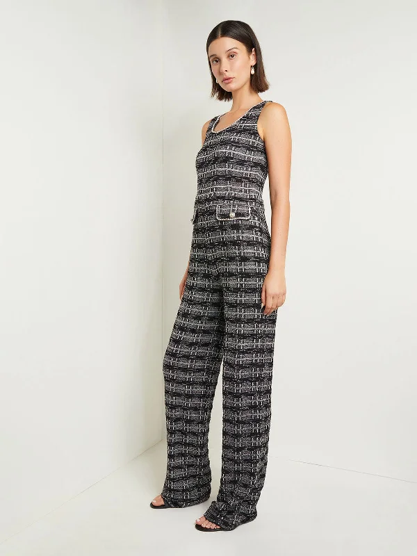 Women jumpsuits with ribbed textures for a unique and textured appearanceRhinestone Accent Tweed Knit Jumpsuit