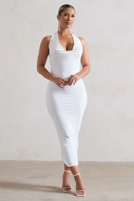 Sheath Women Dress with a Tailored Fit for a Professional LookRoulette | White Cowl-Neck Midi Dress