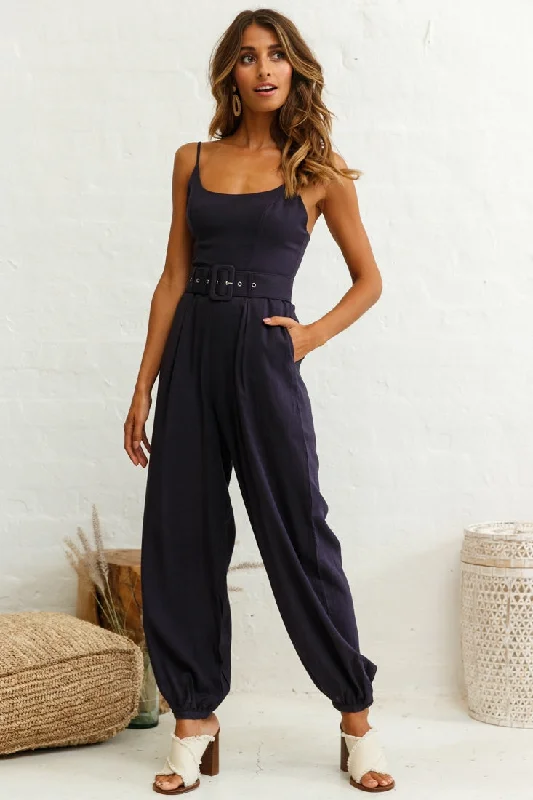 Velvet women jumpsuits for winter formal occasionsSanta Barbara Cuffed Hem Belted Jumpsuit Navy