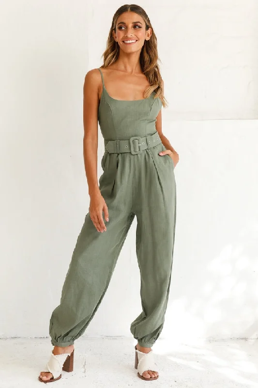 Sequined women jumpsuits for glamorous evening eventsSanta Barbara Cuffed Hem Belted Jumpsuit Olive