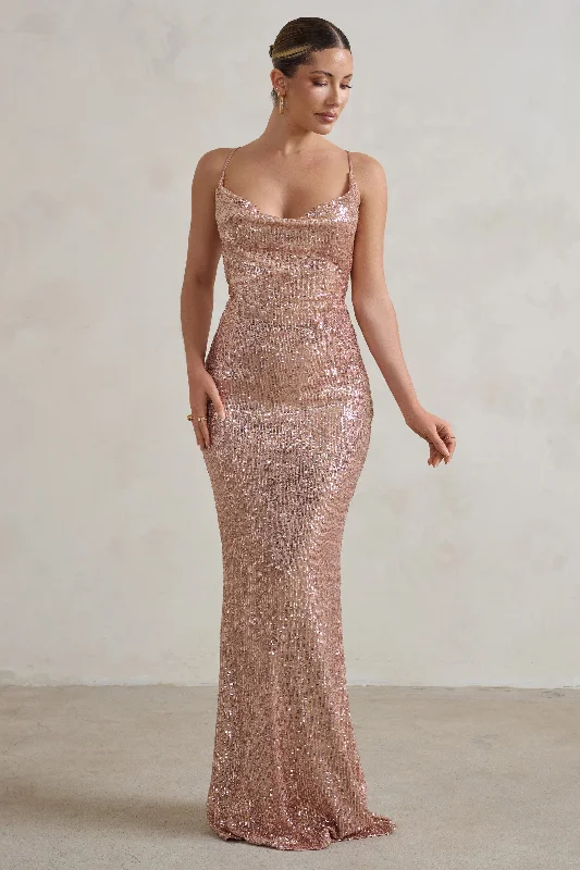 Sheath Women Dress with a Tailored Fit for a Professional LookSeeing Stars | Champagne Cowl Cami Sequin Maxi Dress With Waist Tie