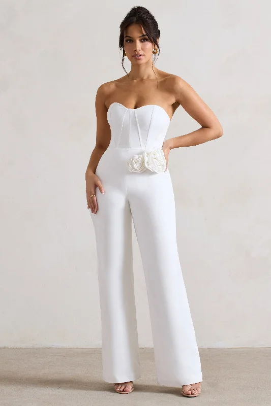 Women jumpsuits with polka - dot patterns for a classic and playful styleSonia | White Sweetheart Corset Straight-Leg Jumpsuit With Flowers