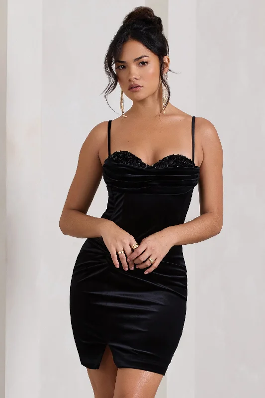 Ball Gown Women Dress with a Full Skirt for a Princess - like LookStarstruck | Black Velvet Strappy Corset Mini Dress