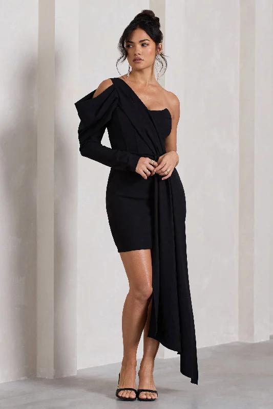 Off - the - Shoulder Women Dress for a Romantic and Feminine LookSurprise | Black One-Sleeved Corset Mini Dress With Draping