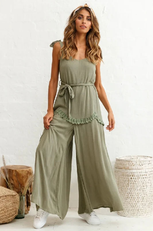 Women jumpsuits with spaghetti - strap tops for a delicate and breezy lookTalitha Tie Strap Wide Leg Jumpsuit Khaki