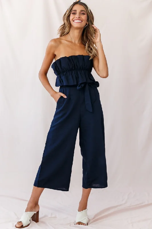 Women jumpsuits with pocket details for added functionality and convenienceThea Ruffle Crop Top Jumpsuit Navy