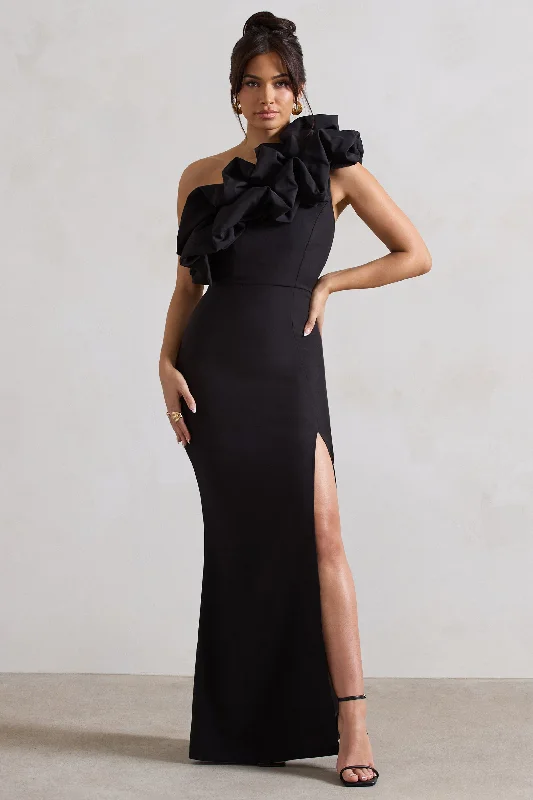 Shift Women Dress with a Simple and Classic Design for Everyday WearVienne | Black One Shoulder Ruffle Split Maxi Dress