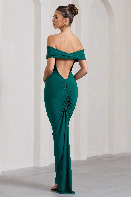 Mini Women Dress with a Short Hem for a Young and Trendy StyleVivienne | Bottle Green Bardot Open-Back Maxi Dress