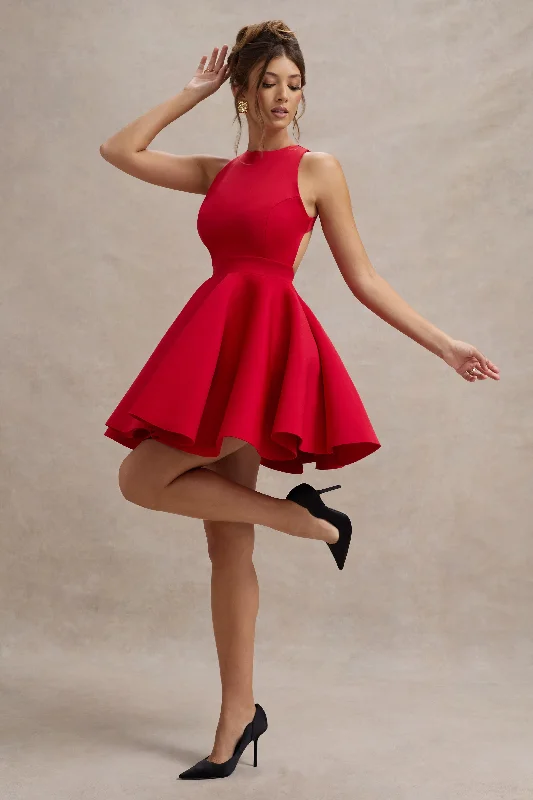 Mermaid - Style Women Dress with a Fitted Silhouette for Special OccasionsWaverly | Red Racer-Neck Sleeveless Skater Mini Dress